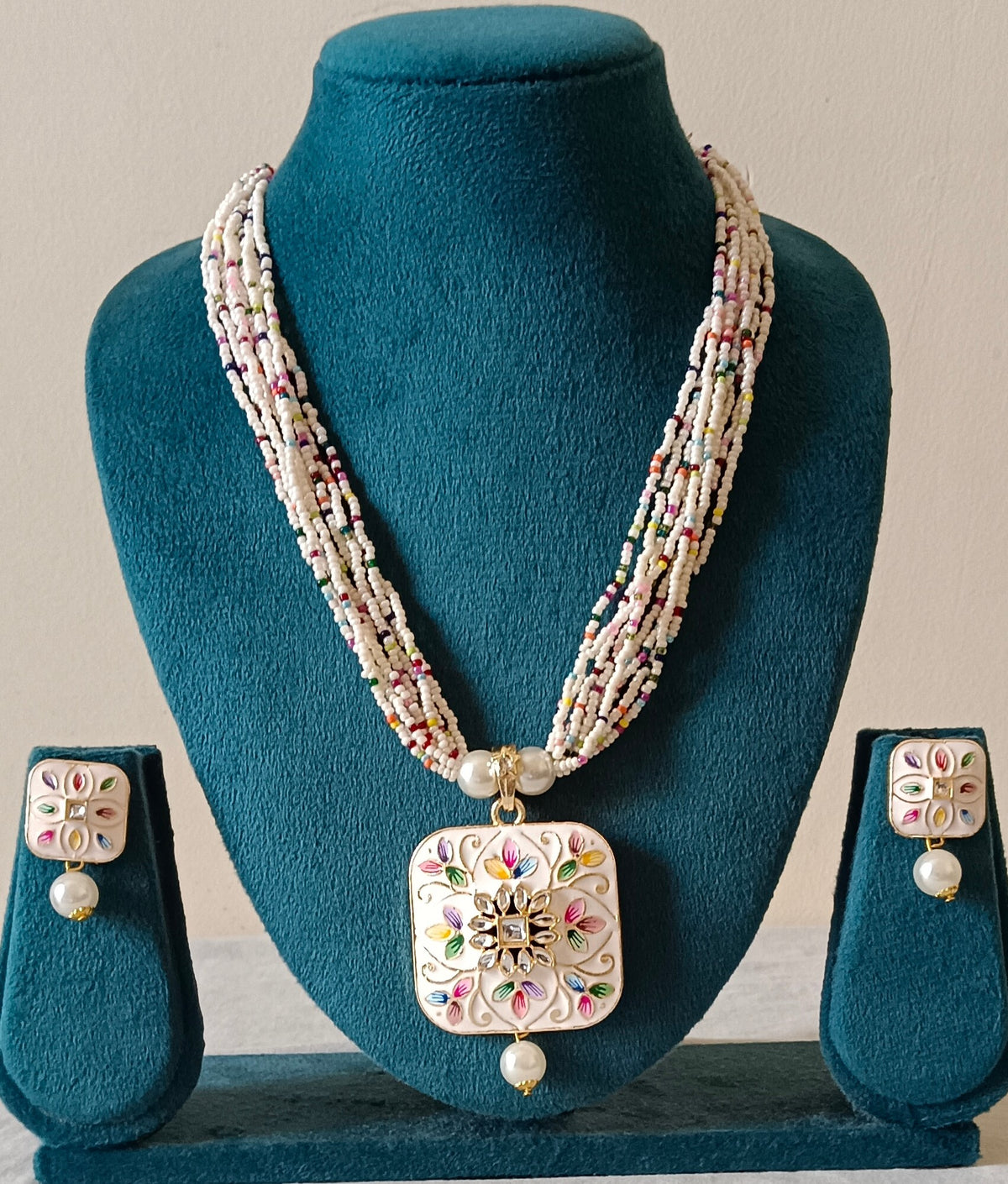 White Meenakari Multi-Strand Beaded Square-Shaped Pendant Necklace Set with Stud earrings