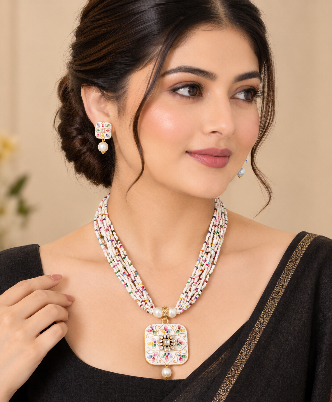 White Meenakari Multi-Strand Beaded Square-Shaped Pendant Necklace Set with Stud earrings
